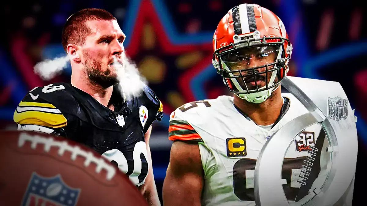Steelers TJ Watt with smoke coming out of his ears lookind at Browns' Myles Garrett with NFL Defensive Player of the Year Award froom NFL Honors