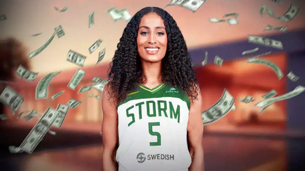 kylar Diggins-Smith in Storm jersey smiling with money swirling around