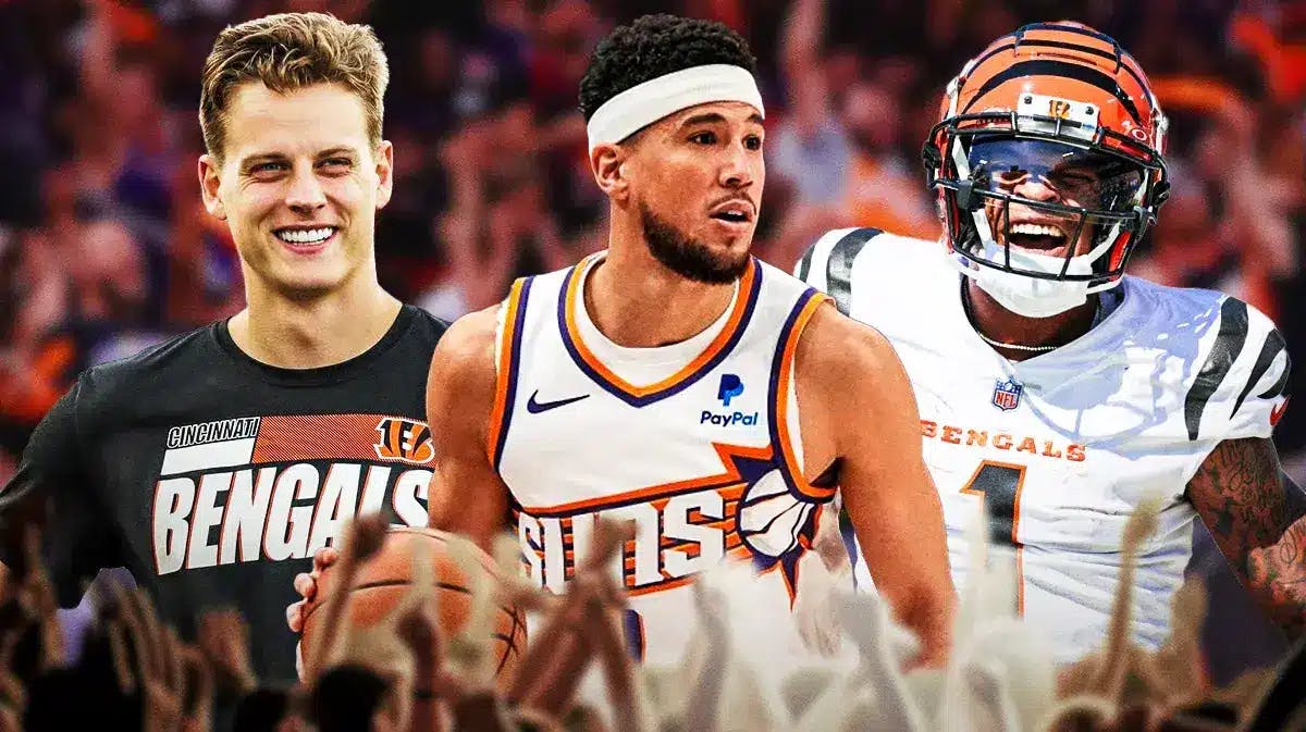 Suns' Devin Booker with Bengals' Joe Burrow and Ja'Marr Chase