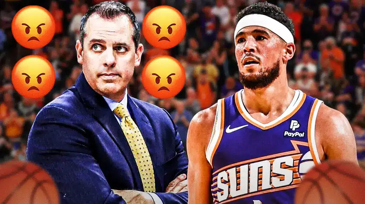 Frank Vogel with angry emojis around him. Devin Booker