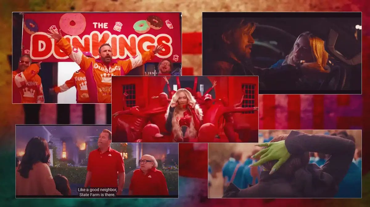 A collage of stills from the Ben Affleck J Lo Dunkin Donuts commercial; The Fall Guy trailer (part with Ryan Gosling crying to Taylor Swift’s “All Too Well”); Wicked Trailer; Beyonce/Tony Hale Verizon commercial; Arnold Schwarzenegger state farm ad