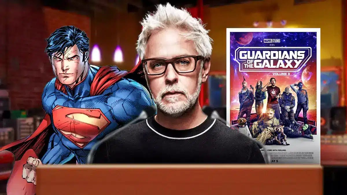 James Gunn with Superman and Guardians of the Galaxy Vol. 3 poster.