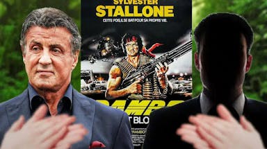A poster for First Blood in between Sylvester Stallone and a male silhouette