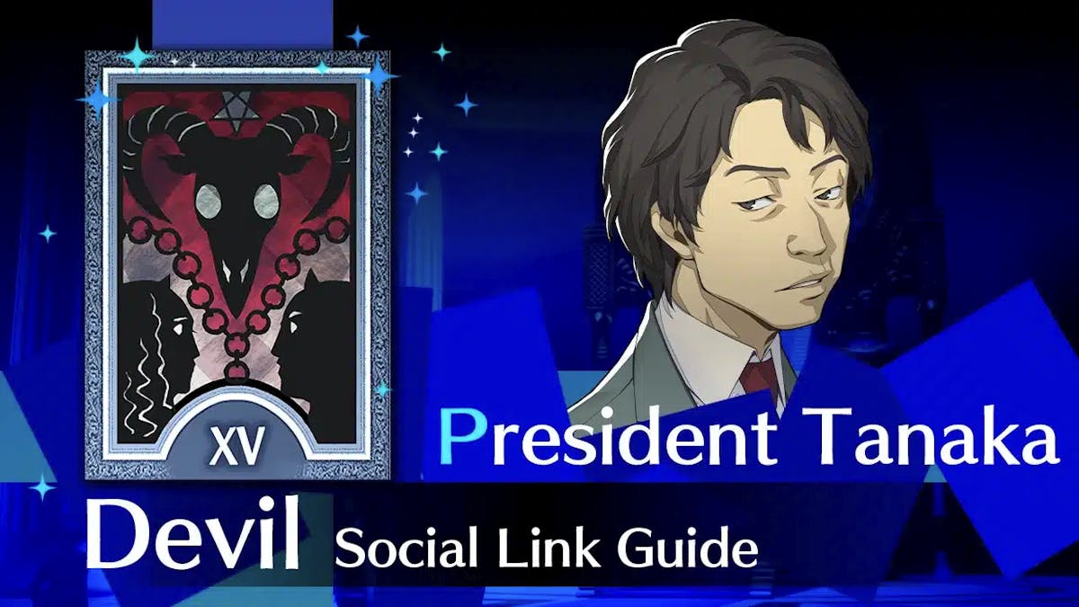 tanaka reload, tanaka, tanaka social link, tanaka persona 3 reload, tanaka guide reload, a picture of tanaka with their arcana to the left and the words devil social link guide below