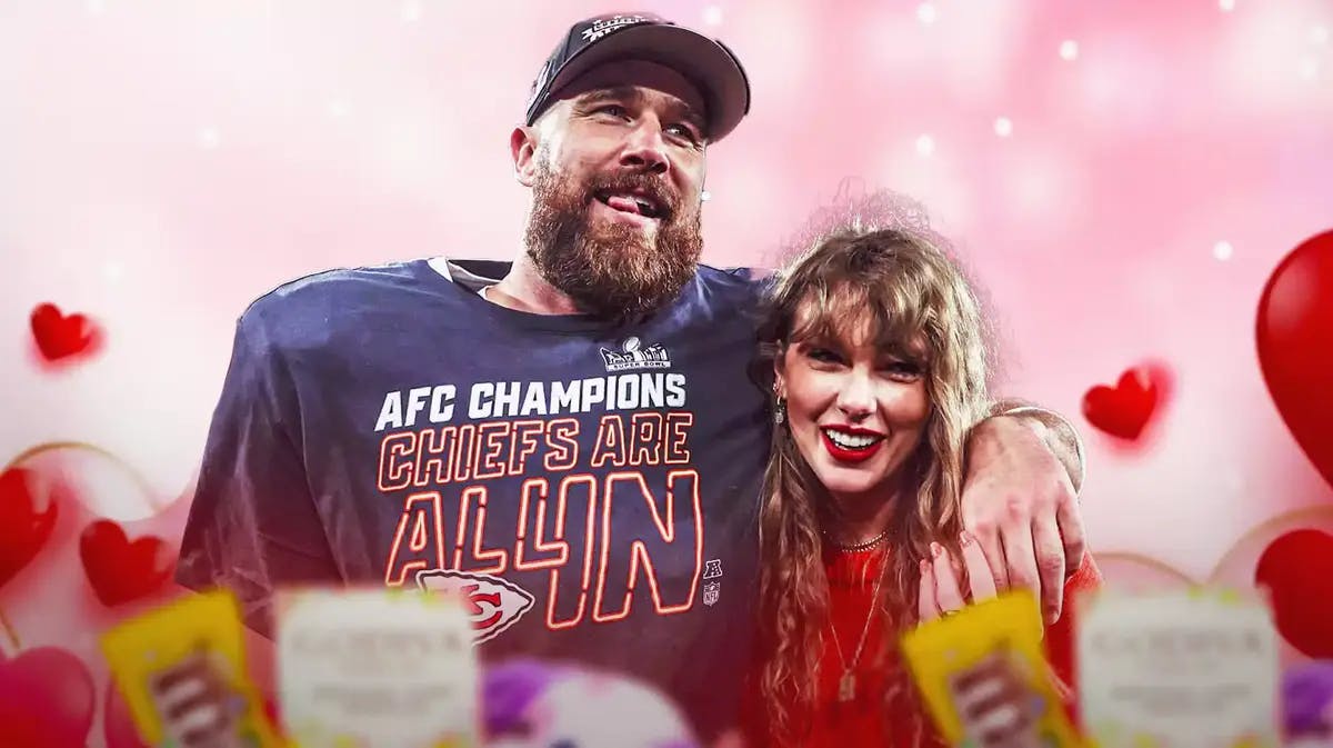 Taylor Swift and Travis Kelce with hearts and chocolate