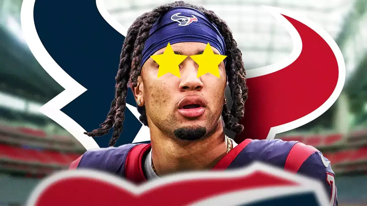 CJ Stroud with stars in his eyes in front of a Texans logo at NRG Stadium