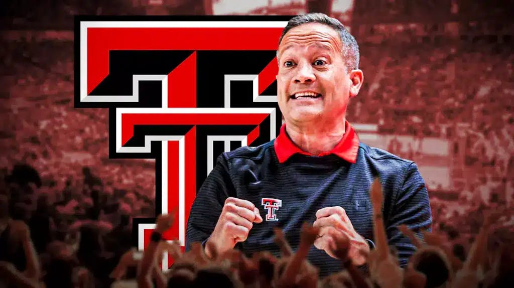 Texas Tech basketball coach Grant McCasland with logo in the back