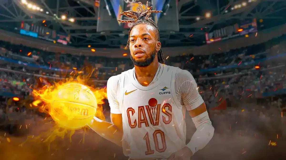 ACTION SHOT of Darius Garland (Cavs) with the ball on fire.