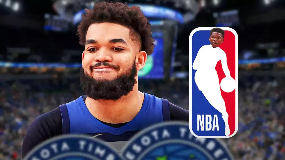Timberwolves' Karl-Anthony Towns and Anthony Edwards' head on the NBA logo