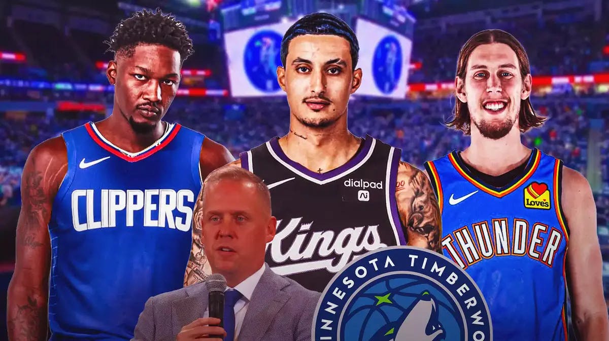 Dorian Finney-Smith in a Clippers jersey, Kyle Kuzma in a Kings jersey, Kelly Olynyk in a Thunder jersey. At the center is Tim Connelly and a Timberwolves logo