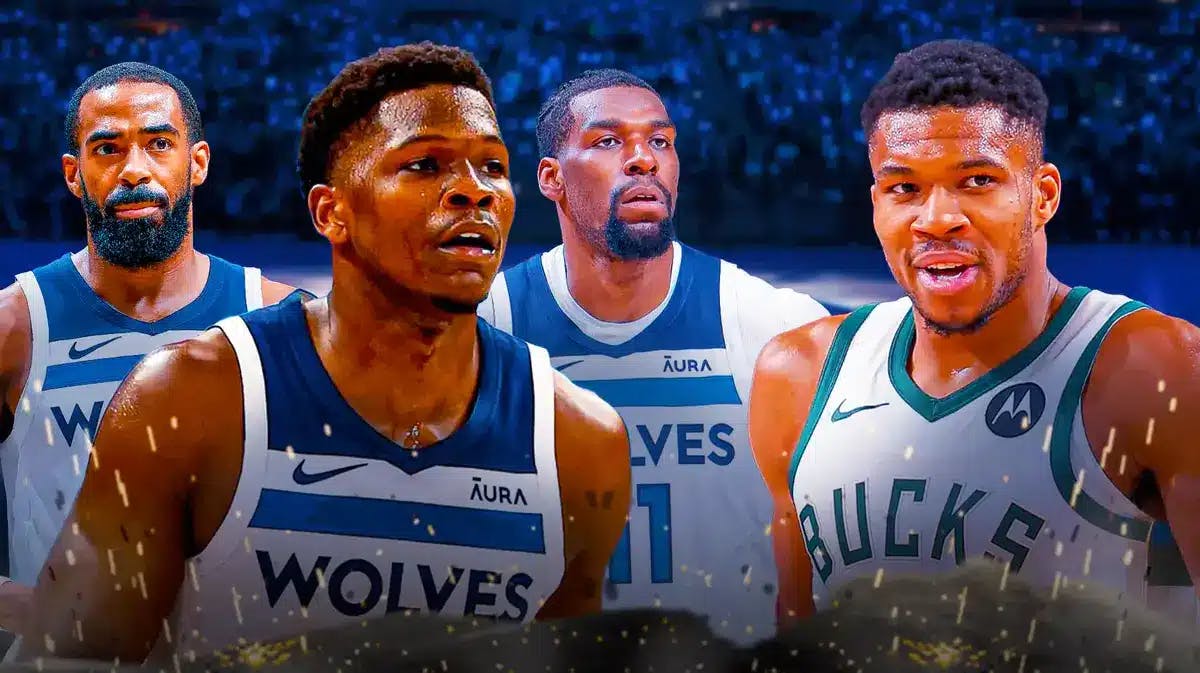 Timberwolves Anthony Edwards, Mike Conley and Naz Reid looking at Bucks Giannis Antetokounmpo