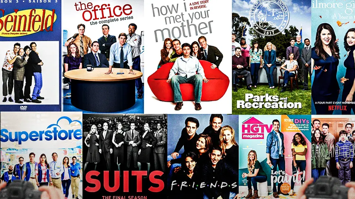 Collage of show posters for Seinfeld, How I Met Your Mother, The Office, Gilmore Girls, Superstore, Suits, Friends, HGTV, Freaks and Geeks, and Parks and Recreation