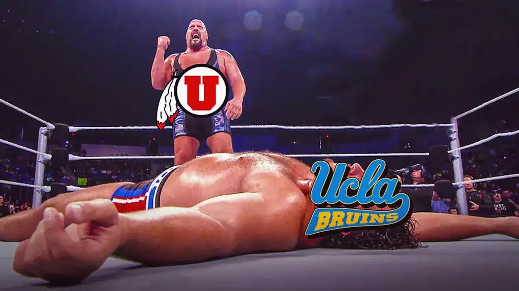 Utah Utes logo on the body of The Big Show and UCLA basketball logo on the face of the other guy