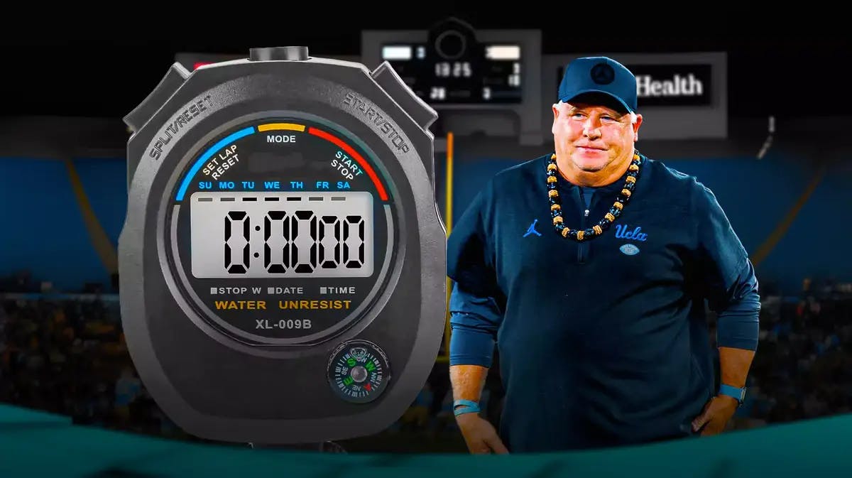 Former UCLA football coach Chip Kelly next to a stop watch