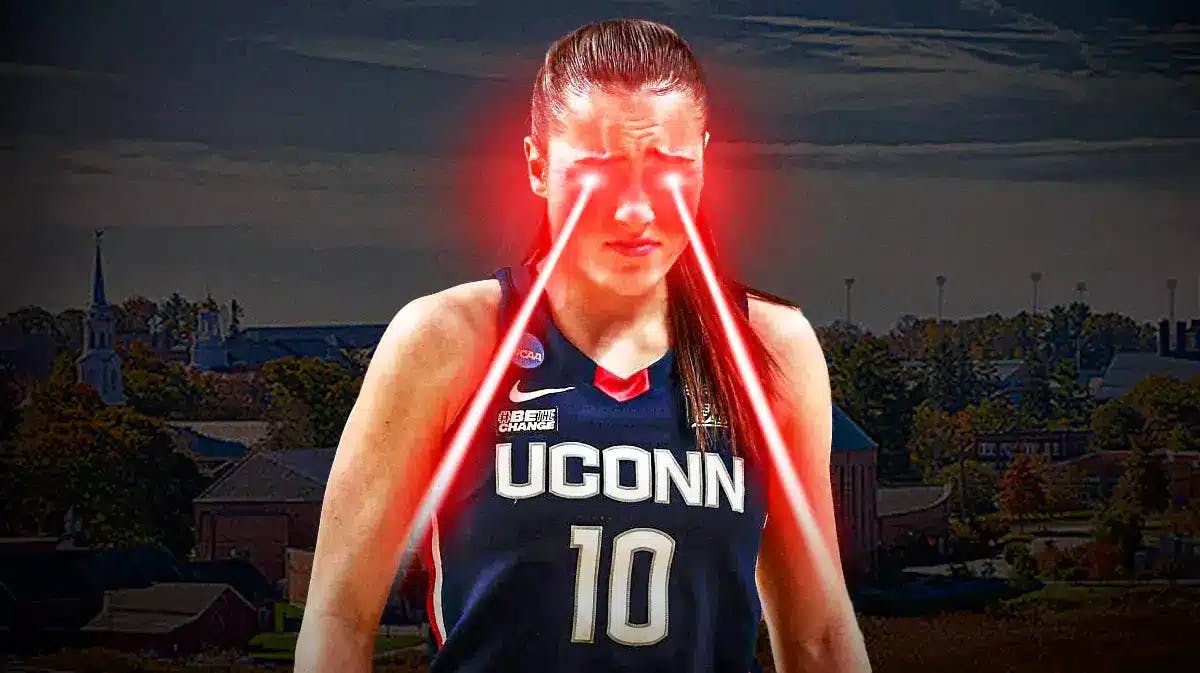 UConn women’s basketball player Nika Muhl, with red laser eyes