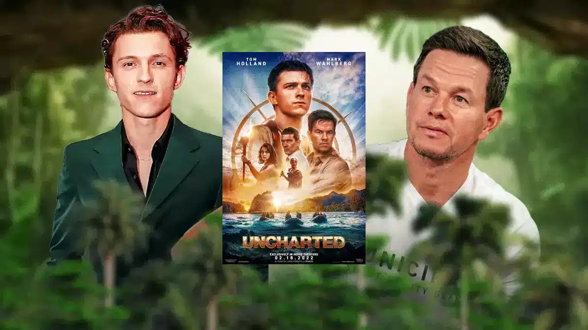 Tom Holland and Mark Wahlberg with Uncharted poster and jungle background.