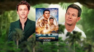 Tom Holland and Mark Wahlberg with Uncharted poster and jungle background.