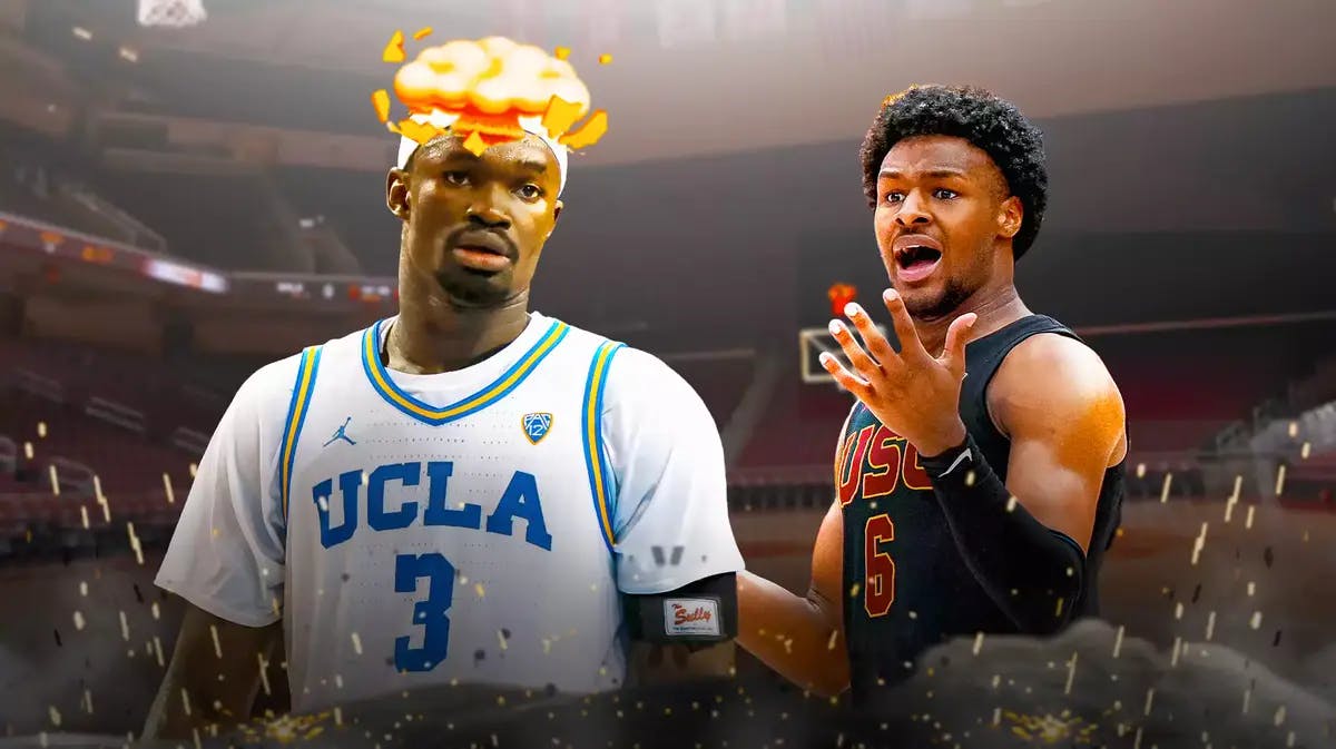 UCLA’s Adem Bona with mind-blown head, USC basketball’s Bronny James shrugging