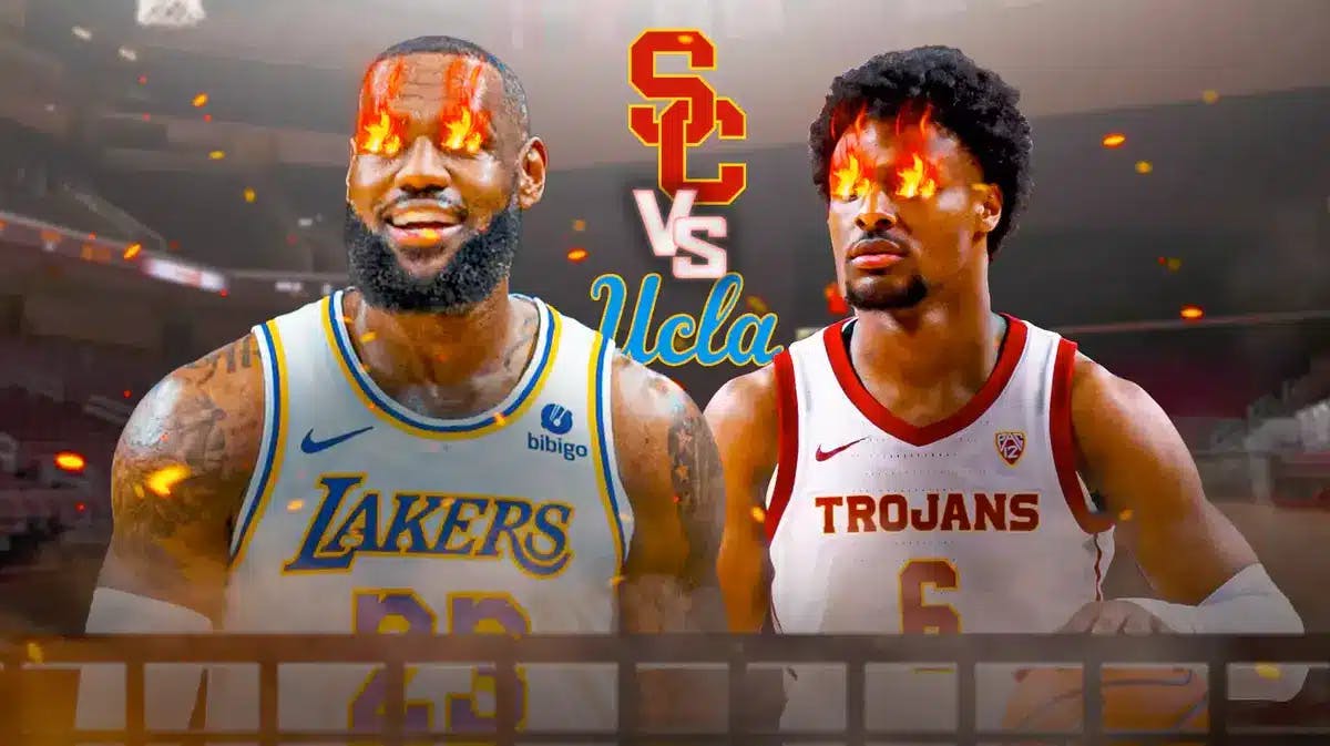 LeBron James and Bronny James with fire in his eyes. USC vs. UCLA logos in the background