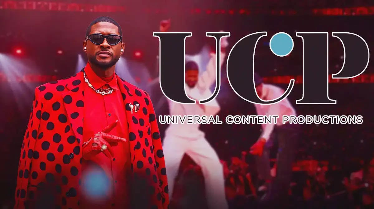 Usher, UCP logo; Background; Usher at his Super Bowl 58 half-time show