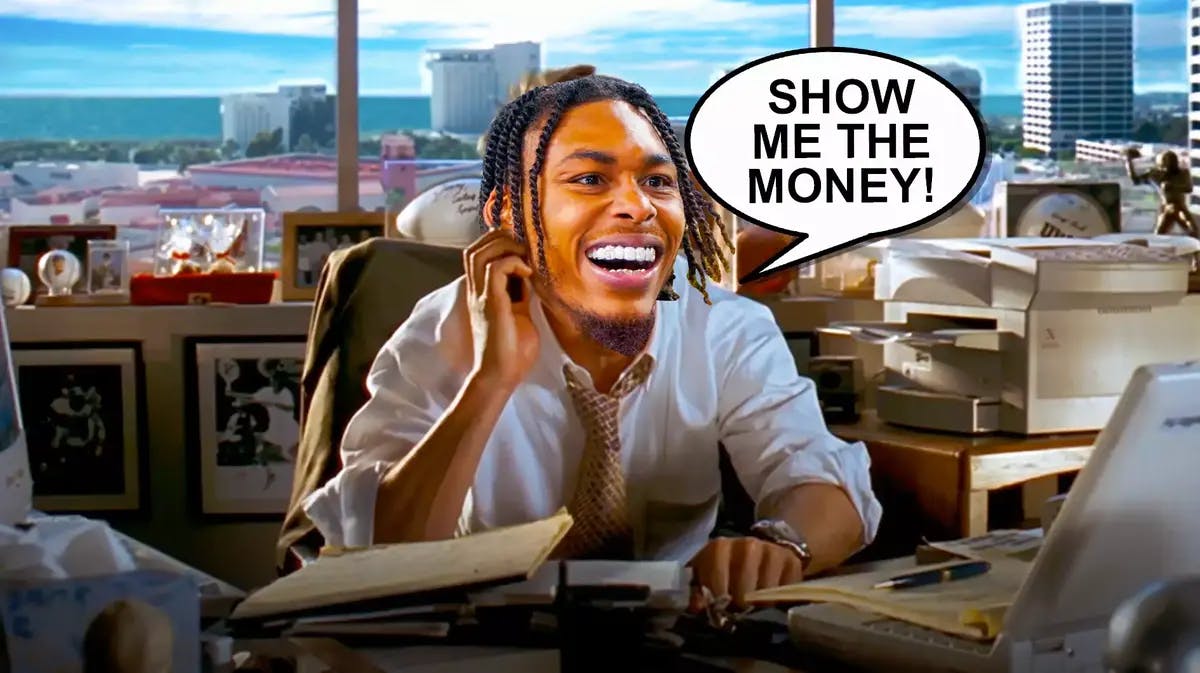 Minnesota Vikings WR Justin Jefferson’s head photoshopped onto the Tom Cruise “Show Me The Money!” meme from the movie Jerry Maguire. Please include a speech bubble with “Show Me The Money!” in image.