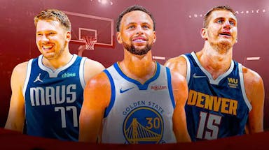 Warriors Stephen Curry with Luka Doncic and Nikola Jokic at NBA All-Star Weekend