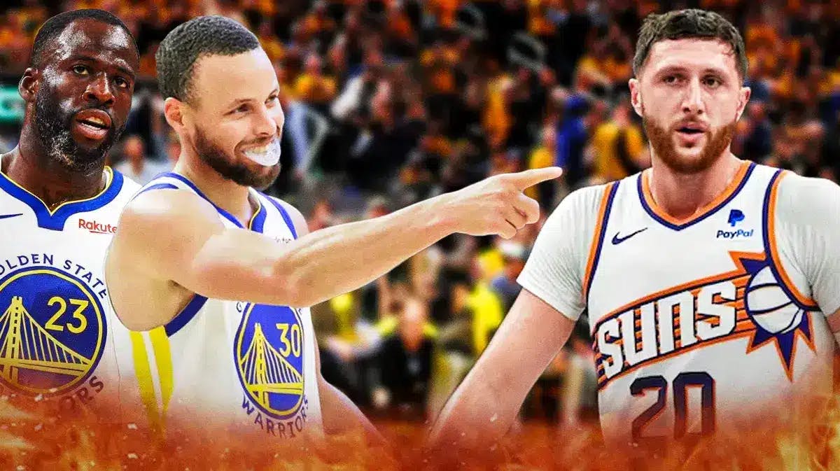 Stephen Curry pointing at Jusuf Nurkic, Warriors' draymond Green behind him