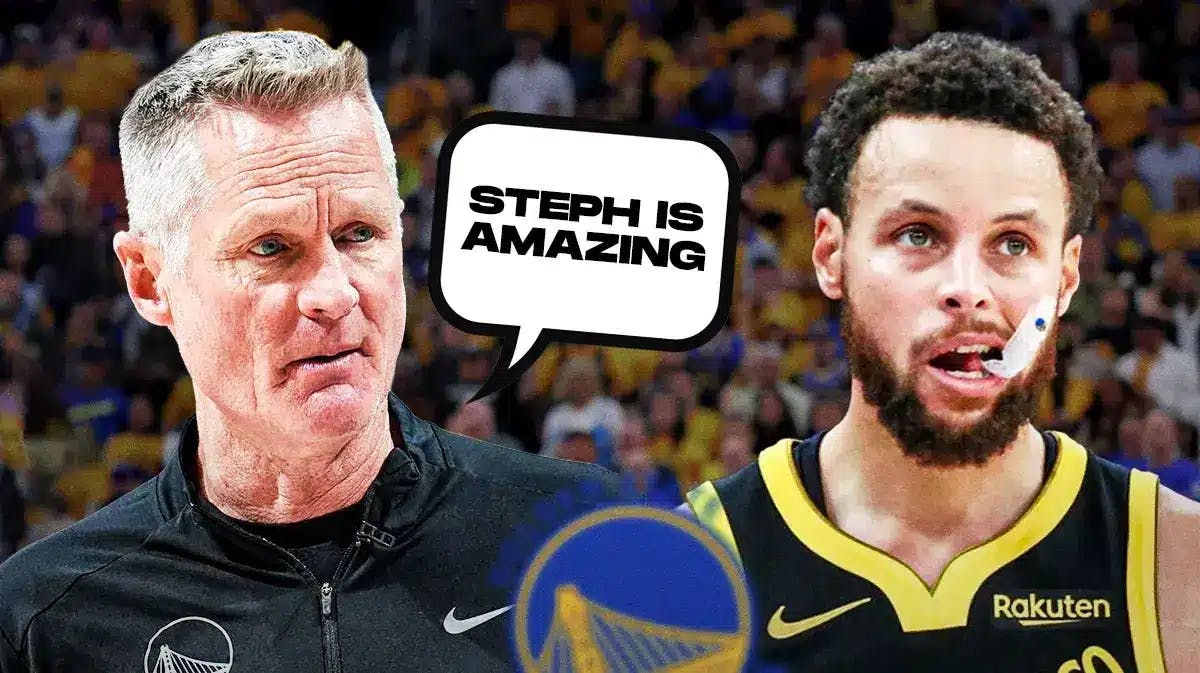 Warriors' Steve Kerr saying "Steph is amazing" next to Stephen Curry