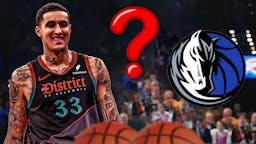 Kyle Kuzma in a Wizards jersey on left. Mavericks' logo on right. Question mark in middle.