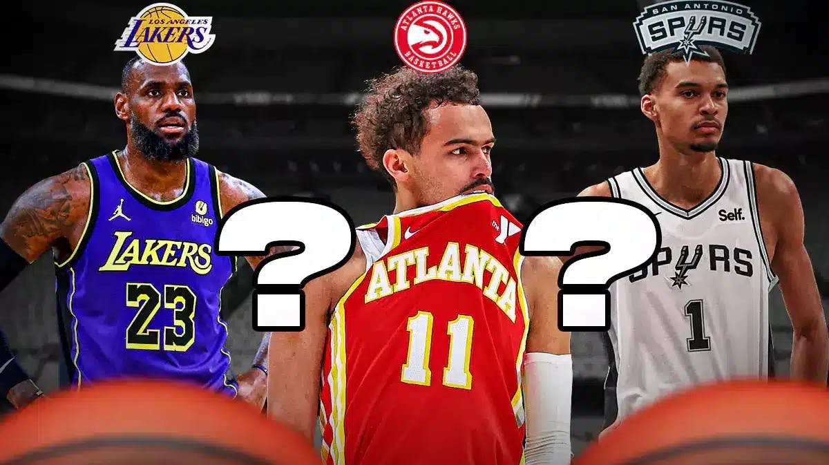 Trae Young next to LeBron James and Victor Wembanyama with question marks