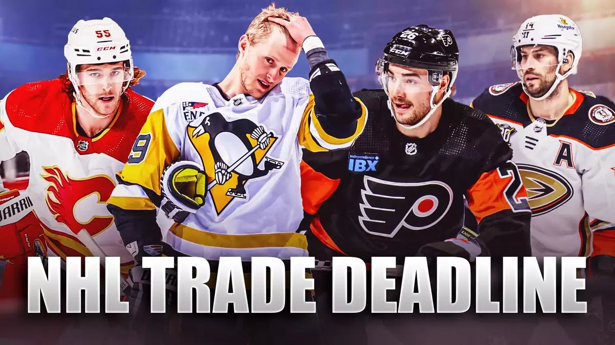 Noah Hanifin, Adam Henrique, Jake Guentzel, Sean Walker all together with arrows around them pointing every which way and question marks. “NHL trade deadline” at the bottom of the graphic.