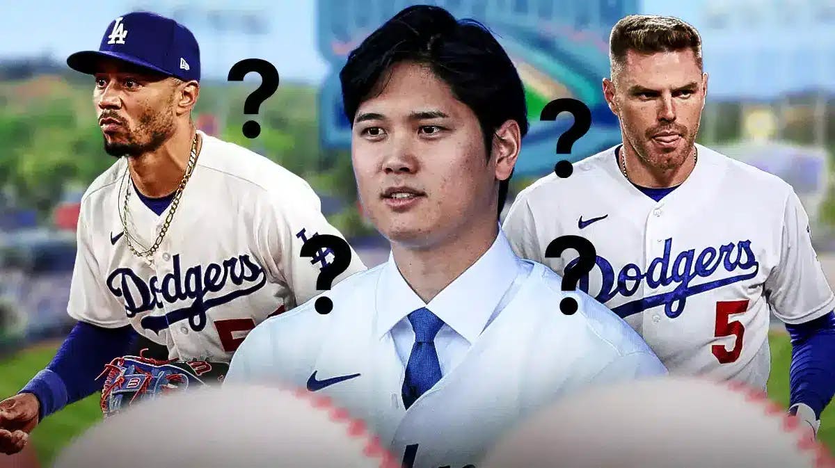 Dodgers' Shohei Ohtani in front looking serious. Dodgers' Mookie Betts on left looking serious, Dodgers' Freddie Freeman on right looking serious. Place question marks in image.