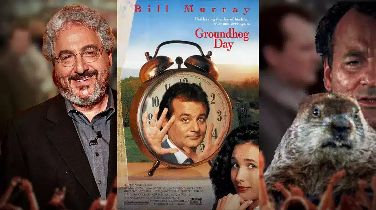 The movie poster for Groundhog Day, collaged with other pics from the film and the director, Harold Ramis