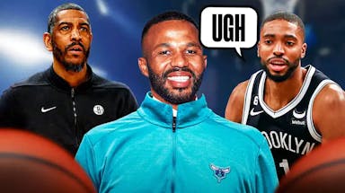 Jeff Peterson on one side in Charlotte Hornets gear, Kevin Ollie and Mikal Bridges on the other side with a speech bubble that says “Ugh”