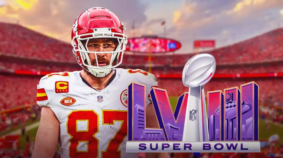 Travis Kelce next to Super Bowl 58 logo