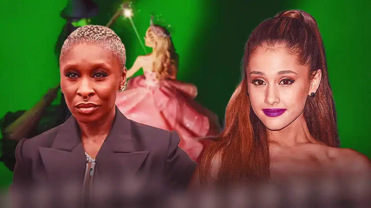 Cynthia Erivo and Ariana Grande; Background: poster of Wicked