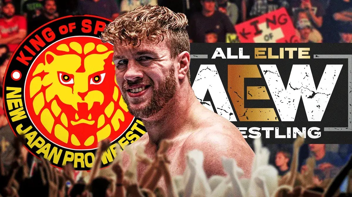 Will Ospreay in between logos for AEW and New Japan Pro-Wrestling