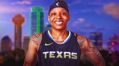 WNBA player Emma Cannon, in a Dallas Wings jersey, with the city of Dallas, Texas, in the background