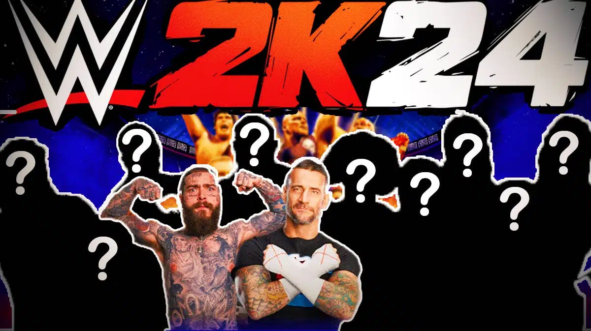 WWE 2K24 DLC Wrestlers in silhouettes with white question marks over their faces, with CM Punk and Post Malone revealed