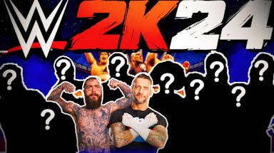 WWE 2K24 DLC Wrestlers in silhouettes with white question marks over their faces, with CM Punk and Post Malone revealed