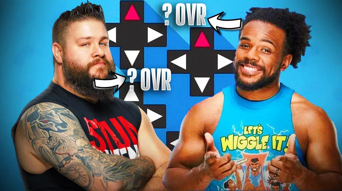 Kevin Owens and Xavier Woods over the UpUpDownDown Logo