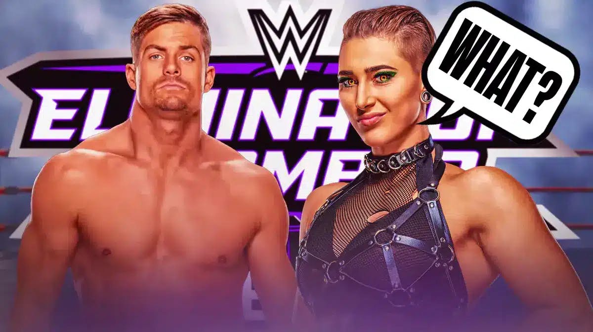 Rhea Ripley with a text bubble reading “What?” next to Grayson Waller with the 2024 Elimination Chamber logo as the background.