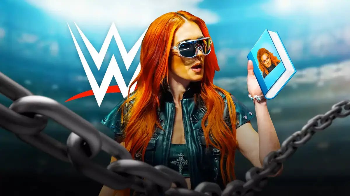 Becky Lynch holding a book with her face on it with the WWE logo as the background.