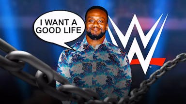 Big E with a text bubble reading “ I want a good life” with the WWE logo as the background.
