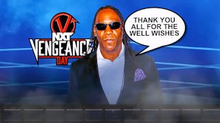 Booker T with a text bubble reading “Thank you all for the well wishes” with the NXT Vengeance Day logo as the background.
