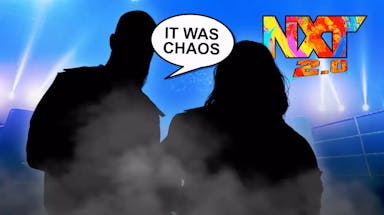 The blacked out silhouette of the Grizzled Young Vets with a text bubble reading “It was chaos” with the NXT 2.0 logo as the background.