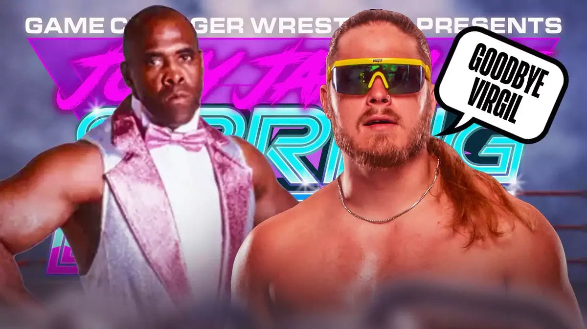 Joey Janela with a text bubble reading “Goodbye Virgil” next to WWE’s Virgil with the Joey Janela's Spring Break logo as the background.