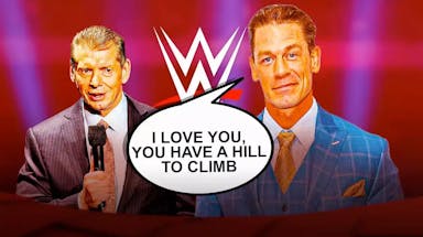 John Cena with a text bubble reading “I love you, you have a hill to climb” next to Vince McMahon with the WWE logo as the background.