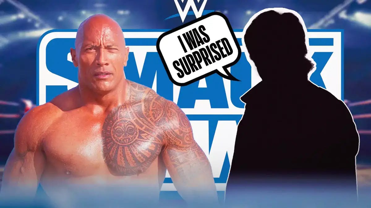 The blacked-out silhouette of Eric Bischoff with a text bubble reading “I was surprised” next to The Rock with the SmackDown logo as the background.