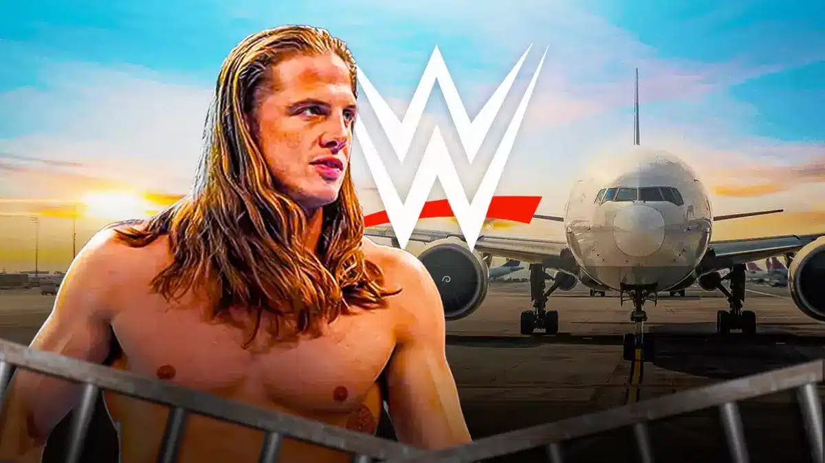 Matt Riddle next to an airplane with the WWE logo as the background.
